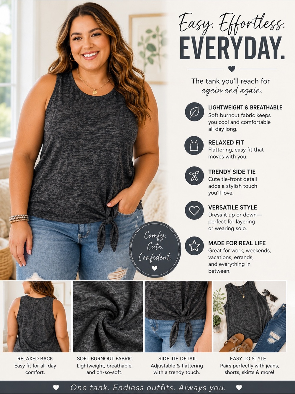 Derek Heart Charcoal Side-Tie Tank Top